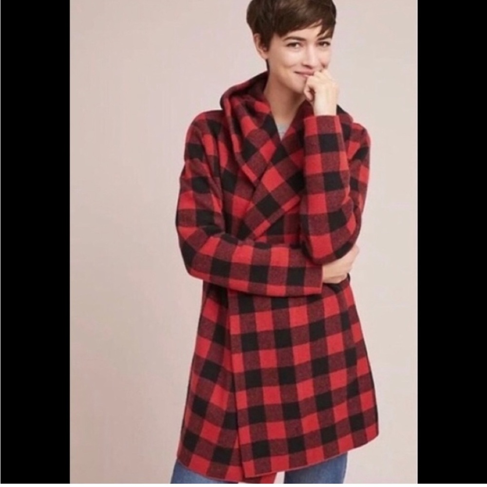 ANTHROPOLOGIE Field Flower Buffalo Check Plaid Hooded Cardigan Sweater Jacket XS